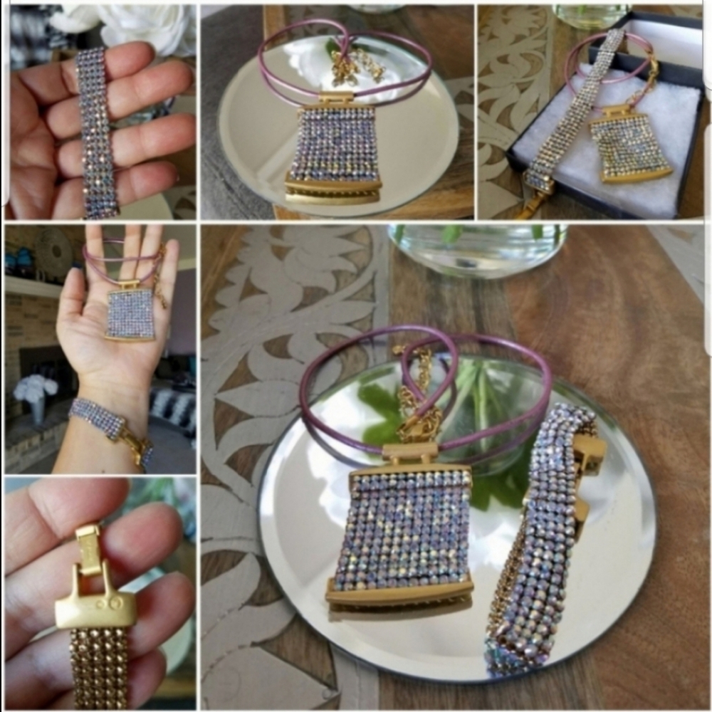 AUTHENTIC RARE Vintage Swarovski Mesh Aurora Borealis SET Necklace & Bracelet - Picture 10 of 17
